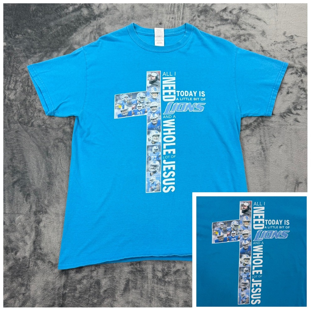 Detroit Lions Jesus Cross Graphic T-Shirt Mens Medium Blue Football Tee‎